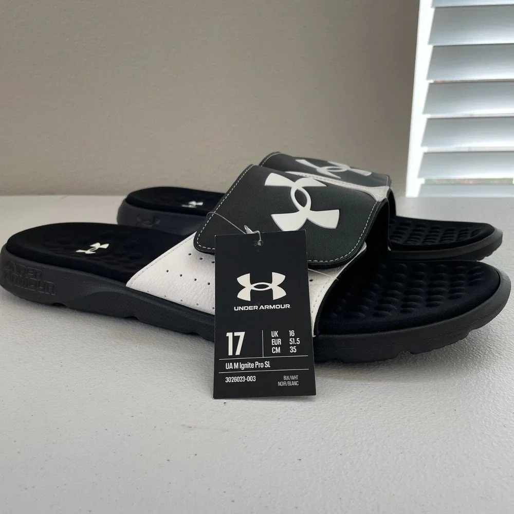 NEW $40 Under Armour Mens‎ Size 17 UA Ignite Pro SL Slide Sandals Black White
